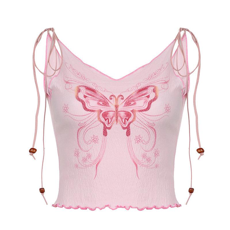 Y2K Butterfly Pink Crop Top -- YKIIY  CLOTHING