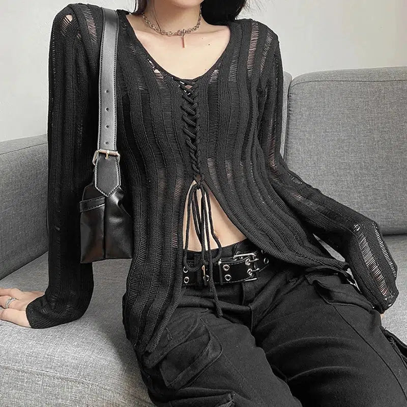 Y2K Grunge Sheer Lace Up Knitted Top