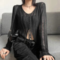 Y2K Grunge Sheer Lace Up Knitted Top