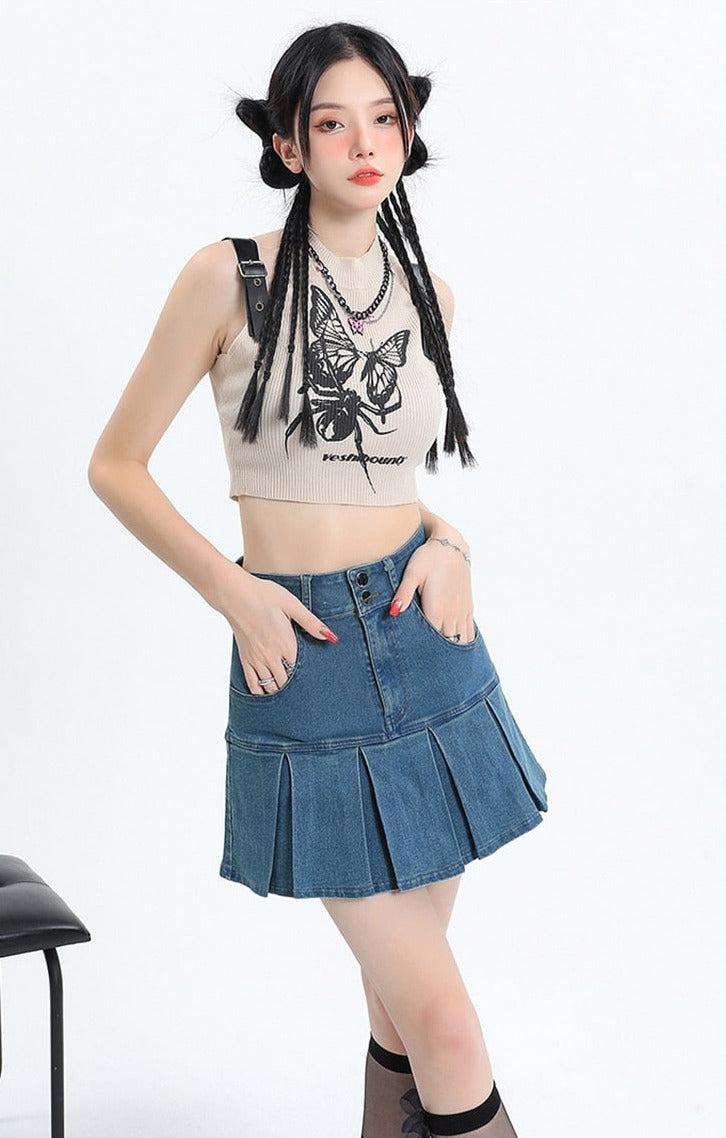 Y2K Pleated Jean Mini Skort -- YKIIY  CLOTHING