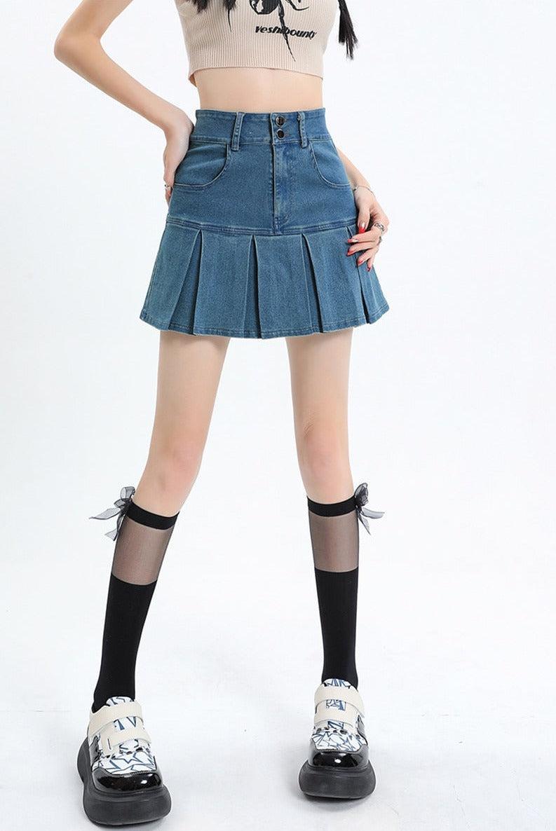 Y2K Pleated Jean Mini Skort -- YKIIY  CLOTHING