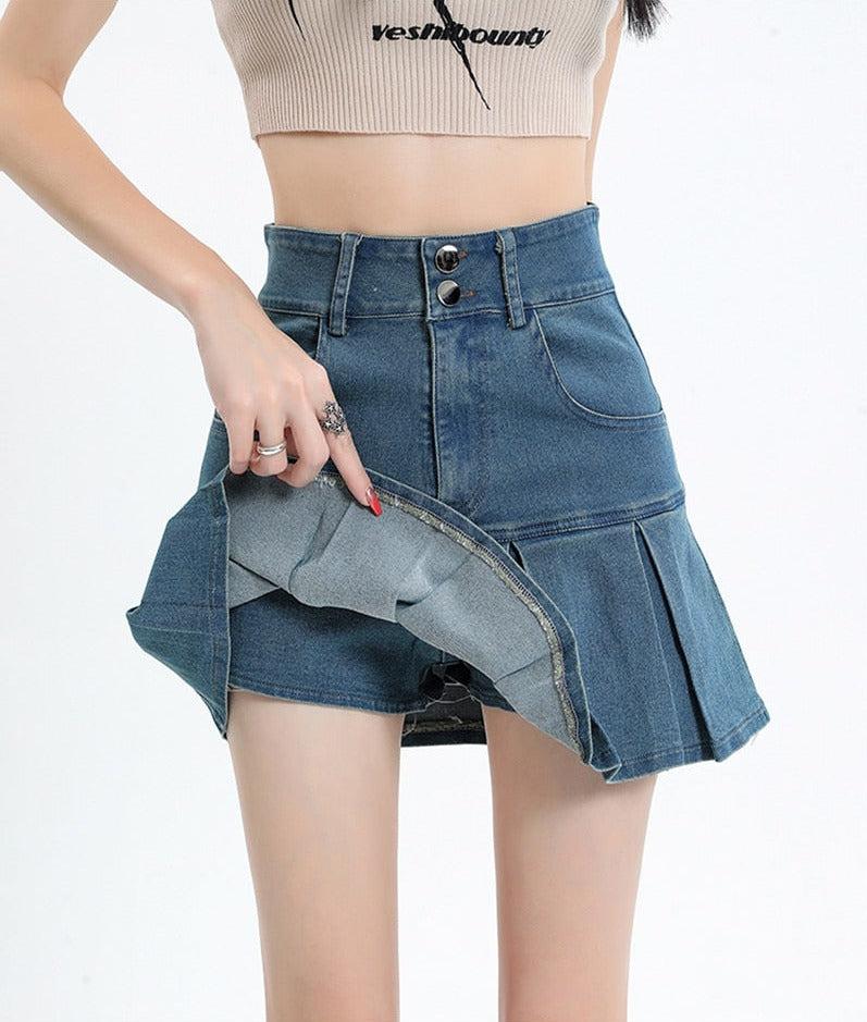 Y2K Pleated Jean Mini Skort -- YKIIY  CLOTHING