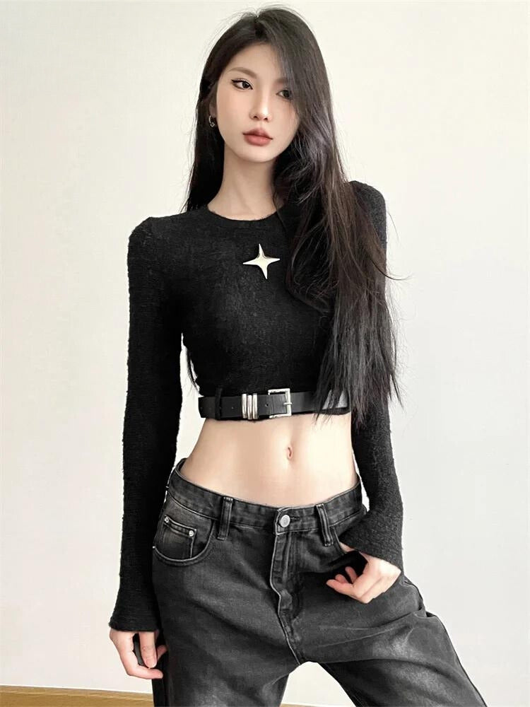 Y2K Star Belted Crop Top -- YKIIY  CLOTHING