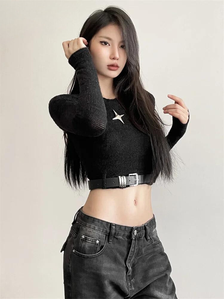 Y2K Star Belted Crop Top -- YKIIY  CLOTHING