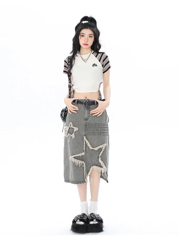 Y2K Star Patchwork Midi Skirt -- YKIIY  CLOTHING