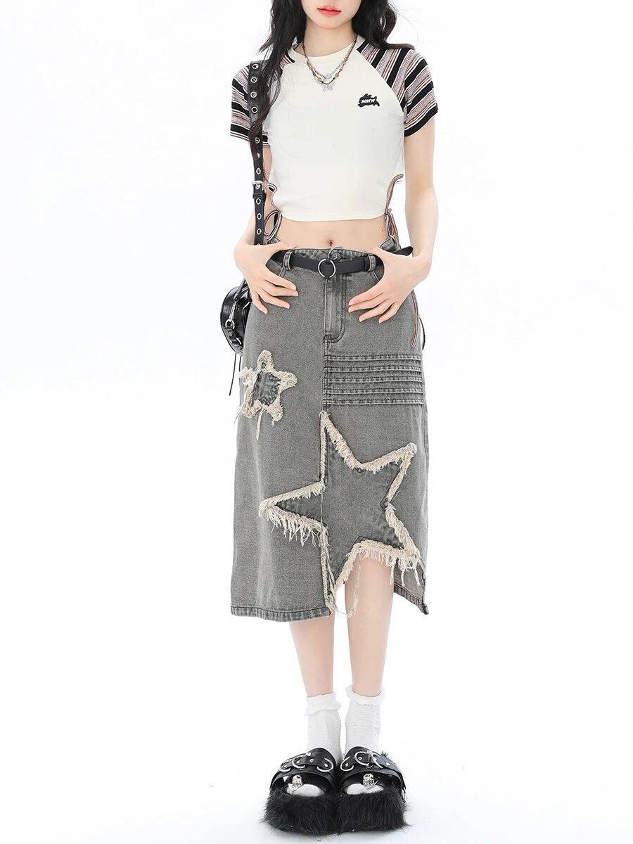 Y2K Star Patchwork Midi Skirt -- YKIIY  CLOTHING