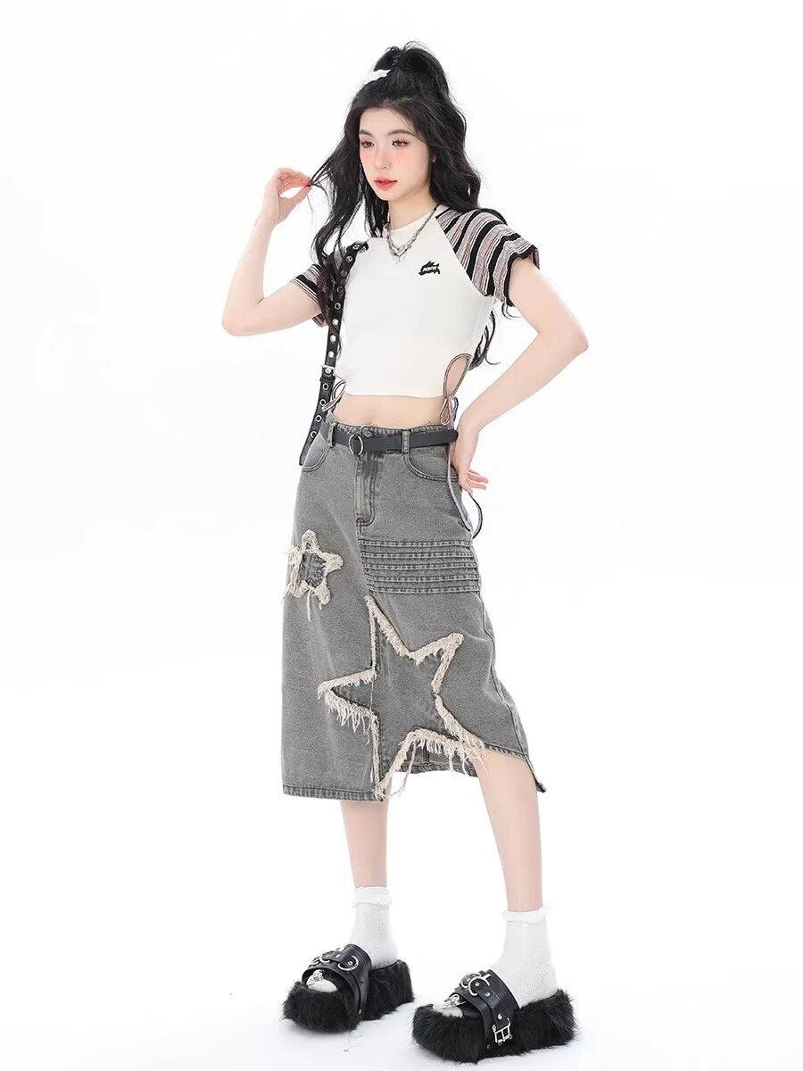 Y2K Star Patchwork Midi Skirt -- YKIIY  CLOTHING