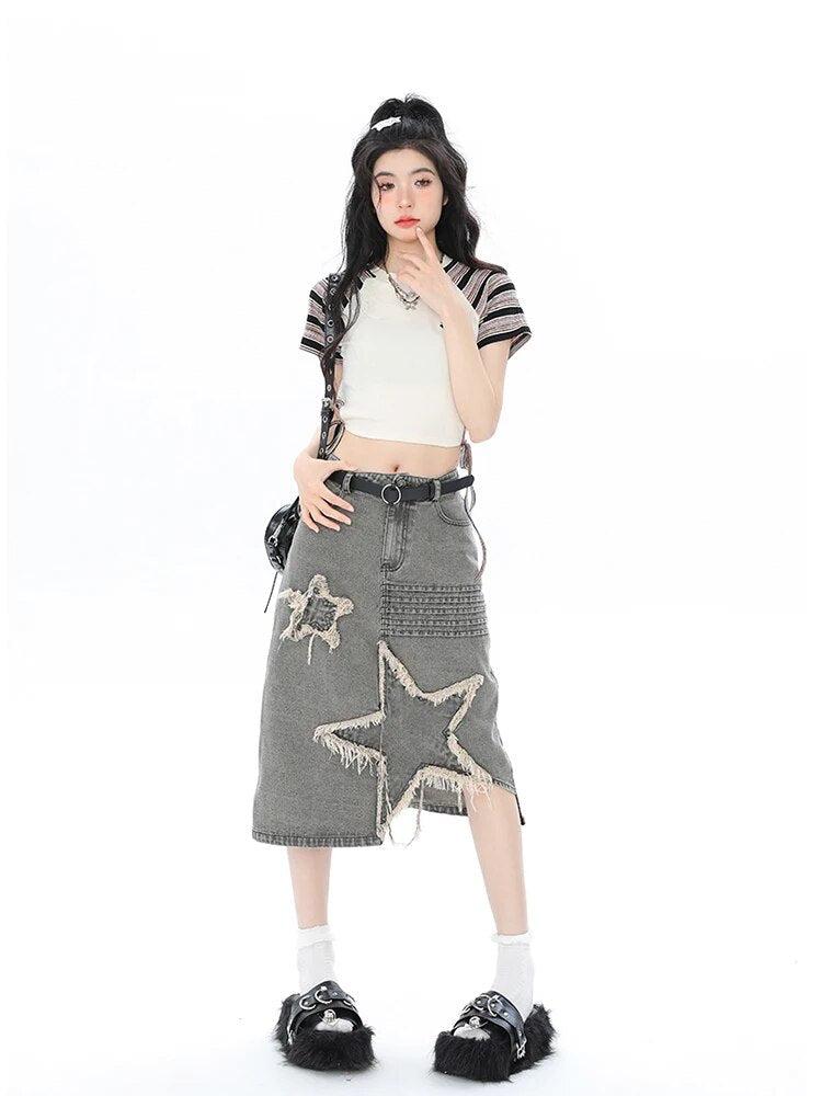 Y2K Star Patchwork Midi Skirt -- YKIIY  CLOTHING