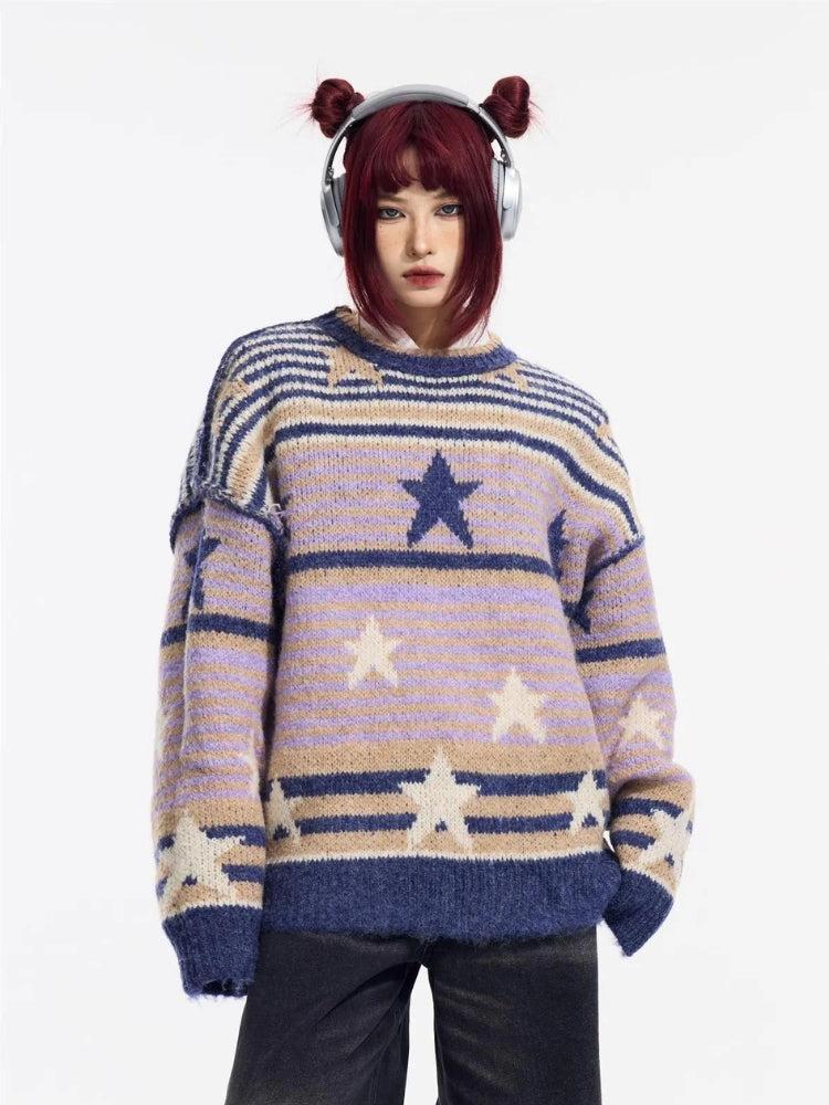 Y2K Vintage Stars Striped Knitted Sweater -- YKIIY  CLOTHING