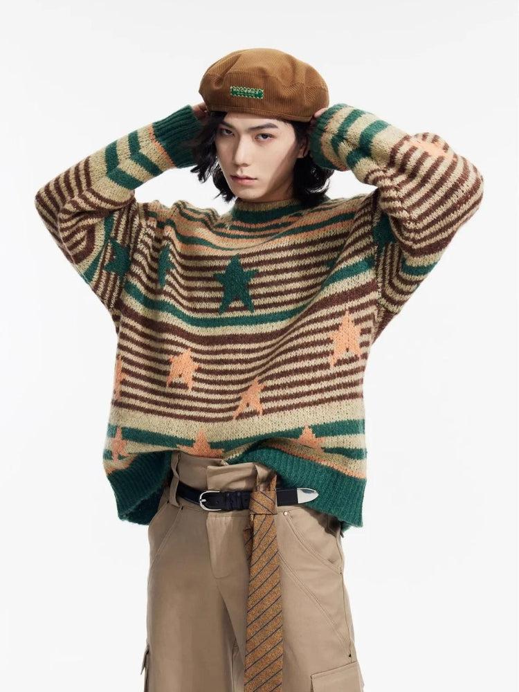 Y2K Vintage Stars Striped Knitted Sweater -- YKIIY  CLOTHING