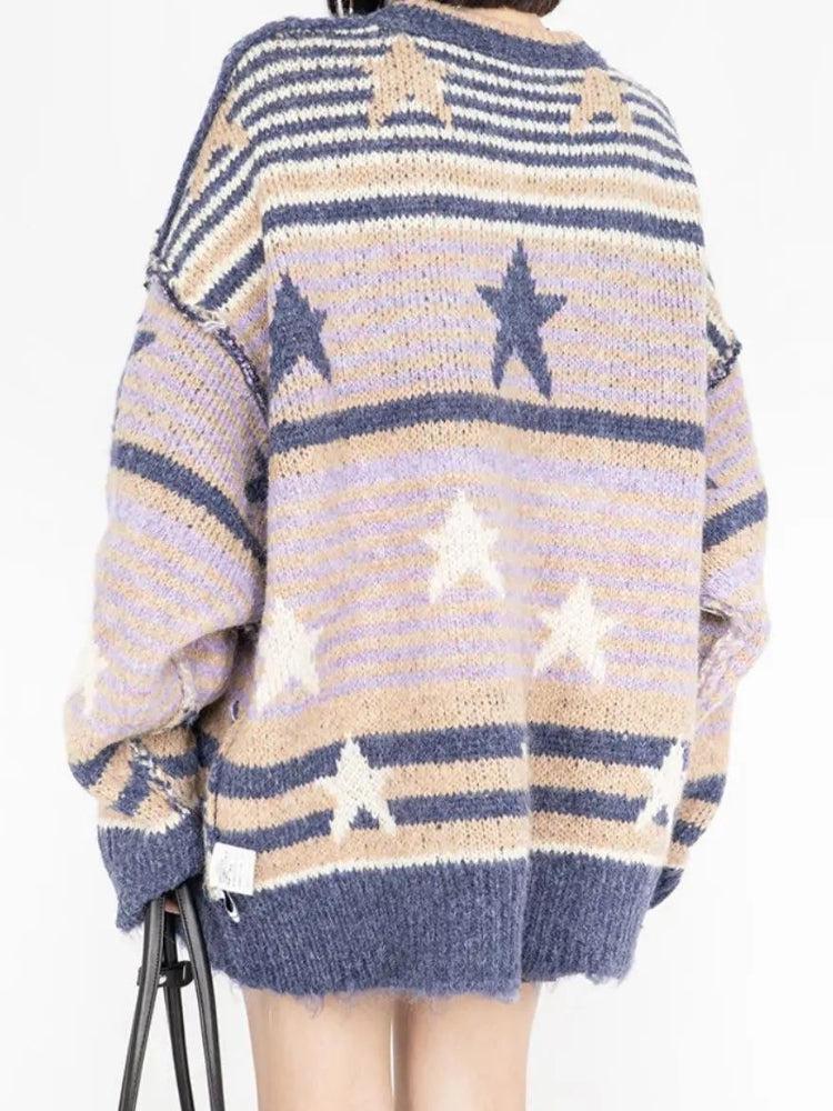 Y2K Vintage Stars Striped Knitted Sweater -- YKIIY  CLOTHING