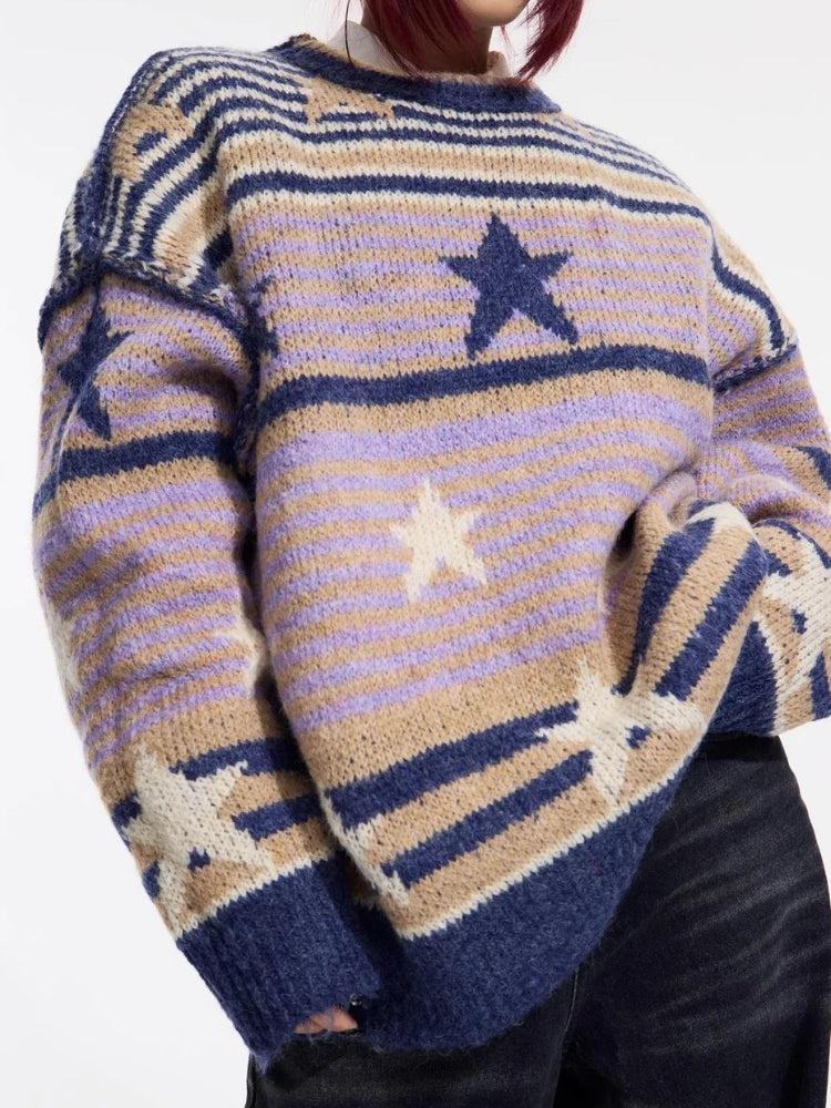 Y2K Vintage Stars Striped Knitted Sweater -- YKIIY  CLOTHING