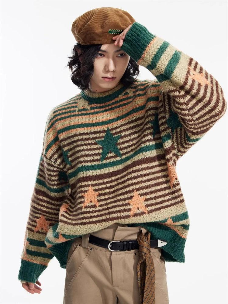 Y2K Vintage Stars Striped Knitted Sweater -- YKIIY  CLOTHING