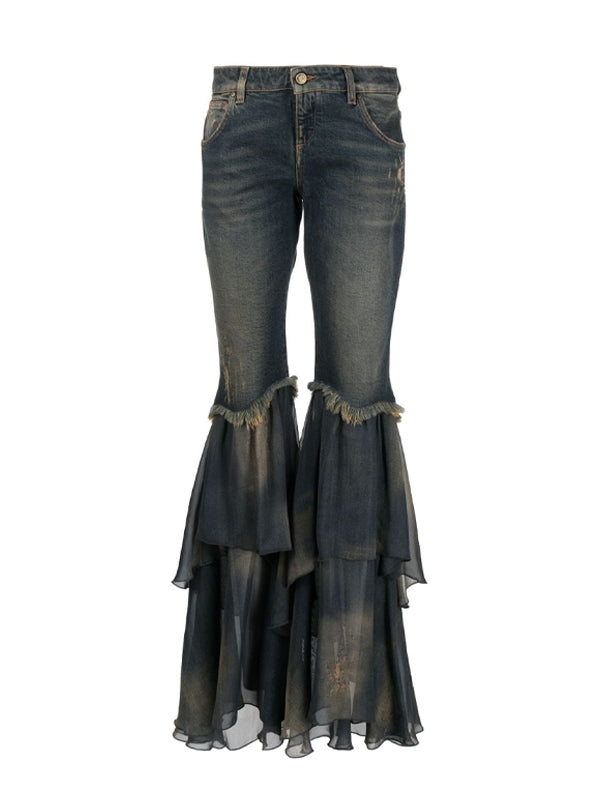 Y2K Zipper Flared Ruffle Hem Jeans -- YKIIY  CLOTHING