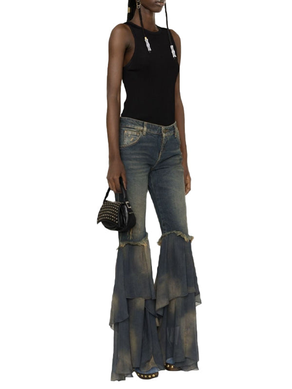 Y2K Zipper Flared Ruffle Hem Jeans -- YKIIY  CLOTHING