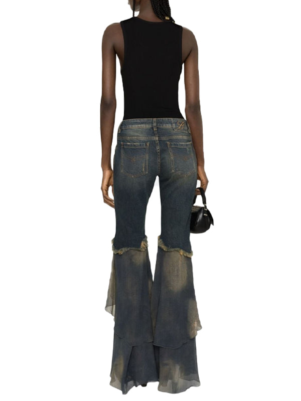 Y2K Zipper Flared Ruffle Hem Jeans -- YKIIY  CLOTHING