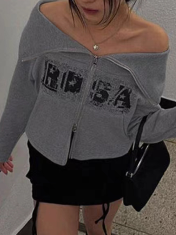 Zipper Letters Lapel Cardigan Top -- YKIIY  CLOTHING